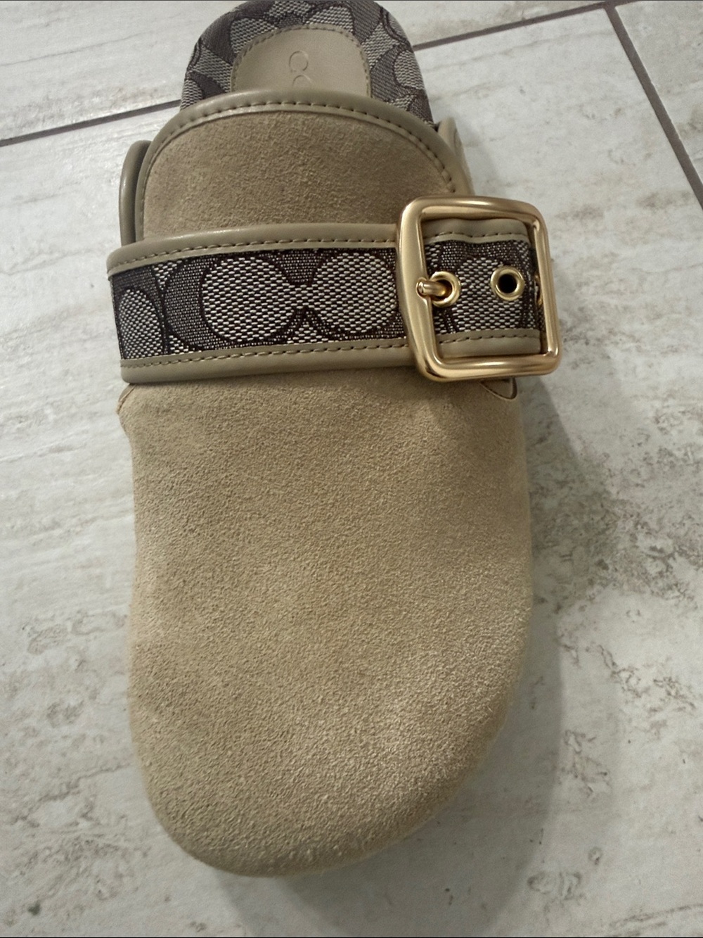 Coach Beige Suede Logo-Trim Clogs with Gold Buckle - Picture 3 of 8